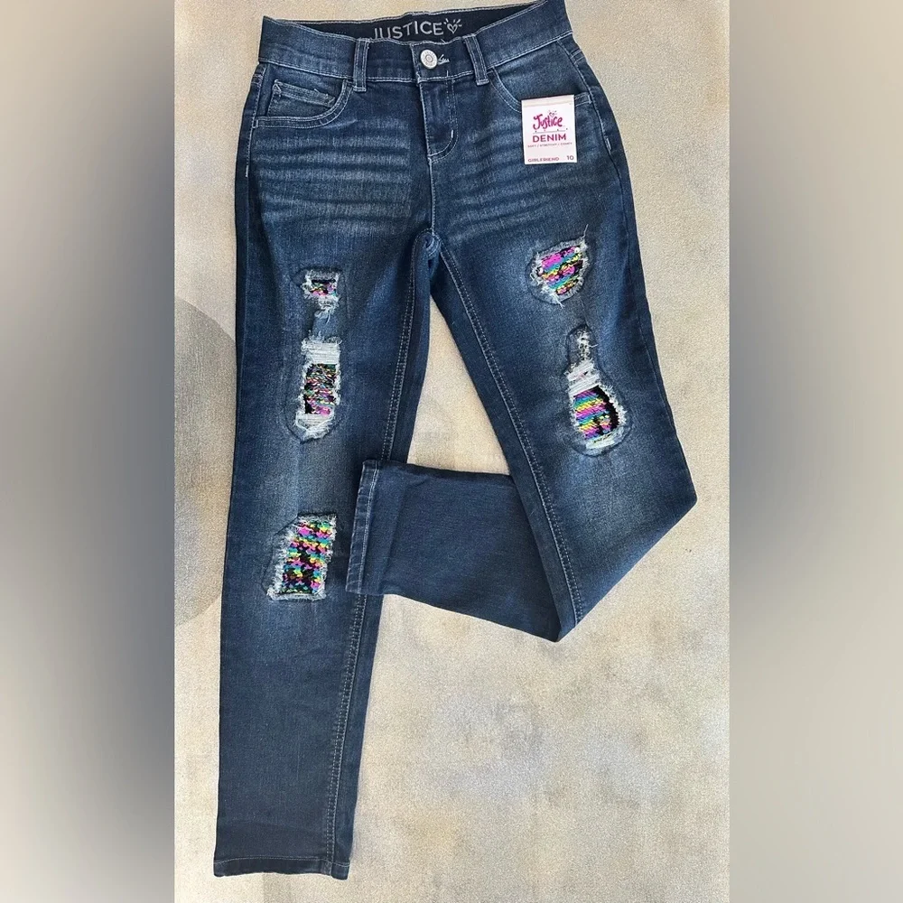 Justice Girls Girlfriend Jeans Size 10 | Rainbow Sequin Distressed Denim (1218)
